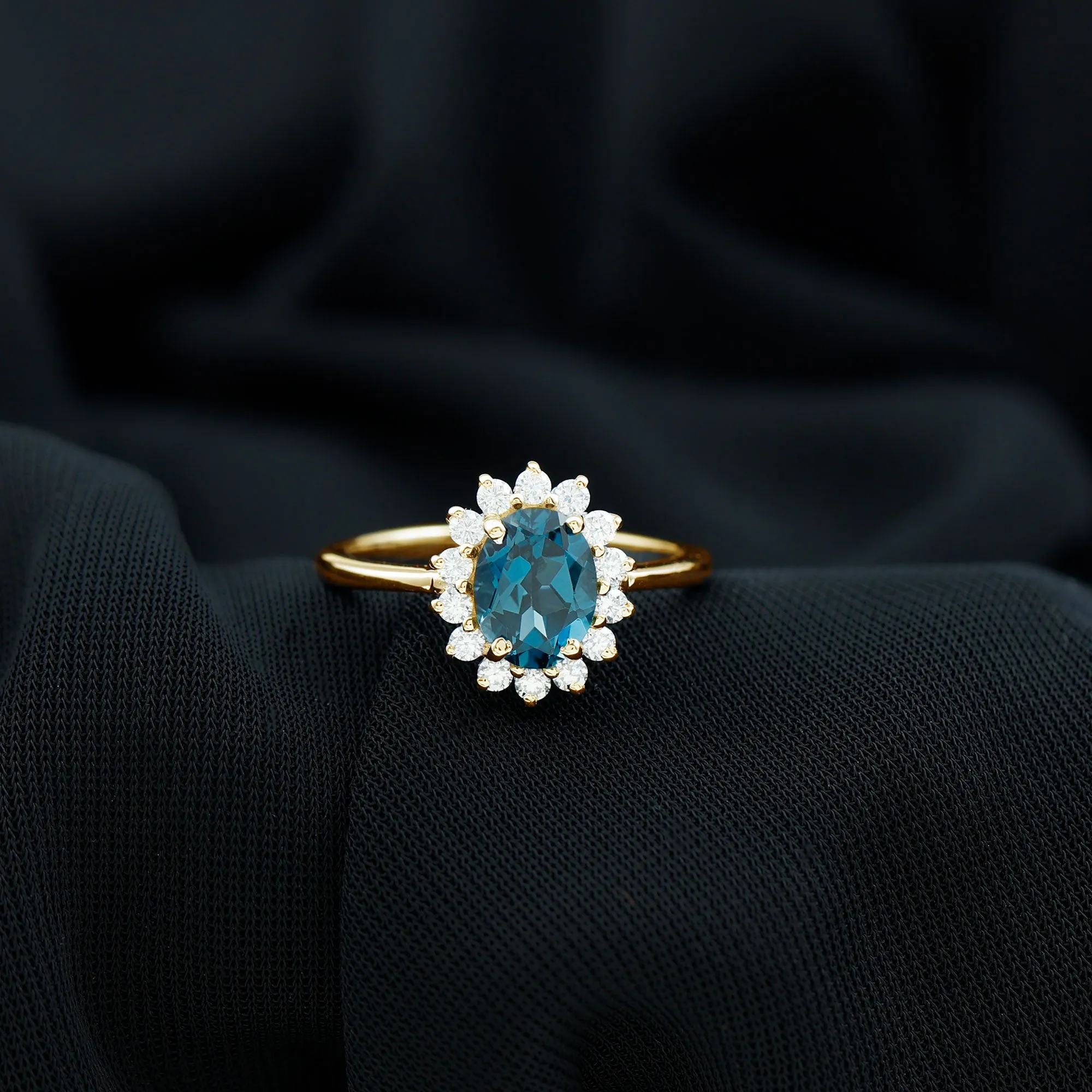 1.25 CT Princess Diana Inspired Oval Shape London Blue Topaz Engagement Ring Diamond Halo