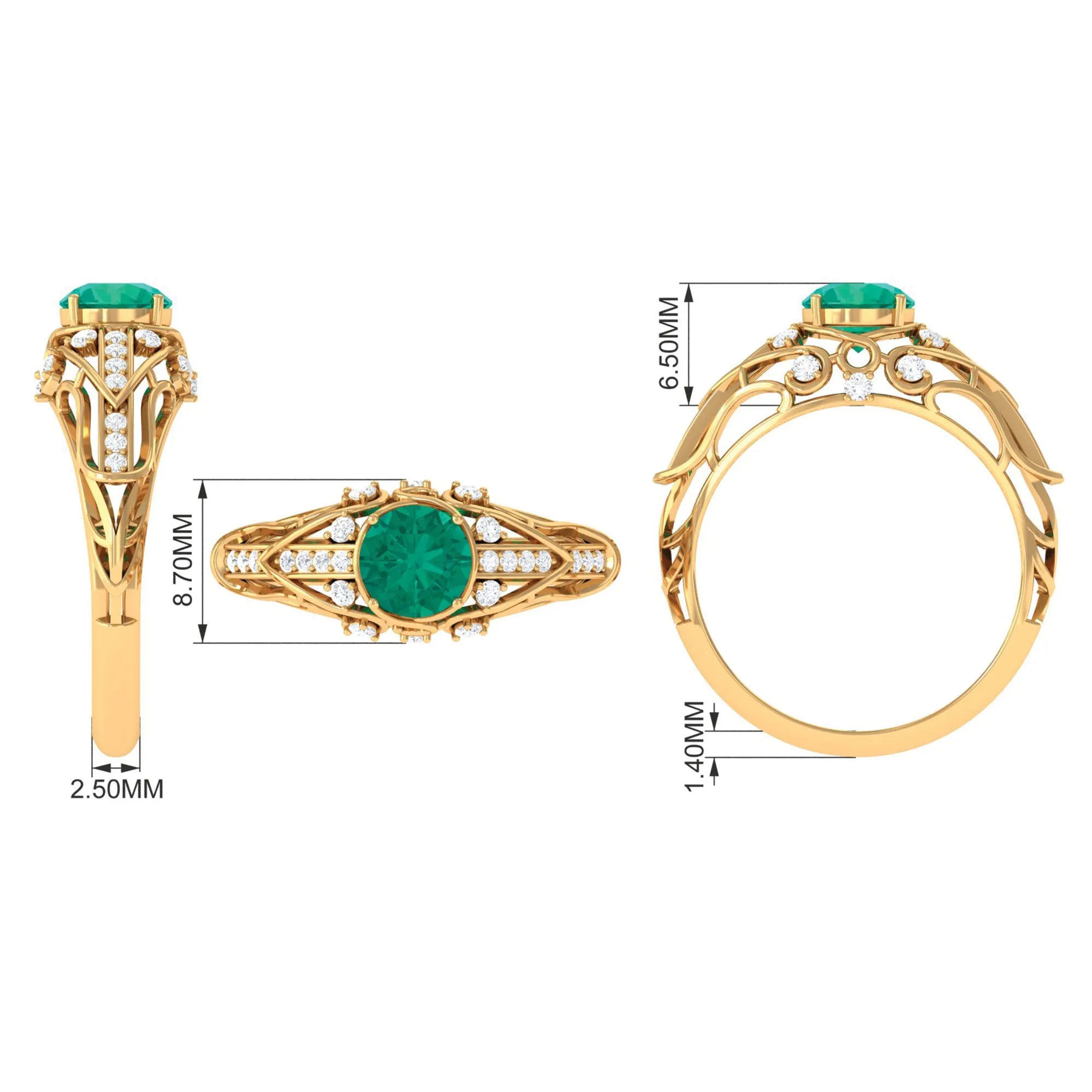 Antique Style Round Emerald Engagement Ring with Diamond