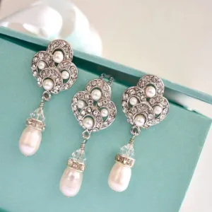 Art Deco Freshwater Pearl Bridal Jewelry Set. Swarovski Clear Crystals Pearl Drop Wedding Jewelry Set. Pearl Earrings And Necklace Bridal Set.