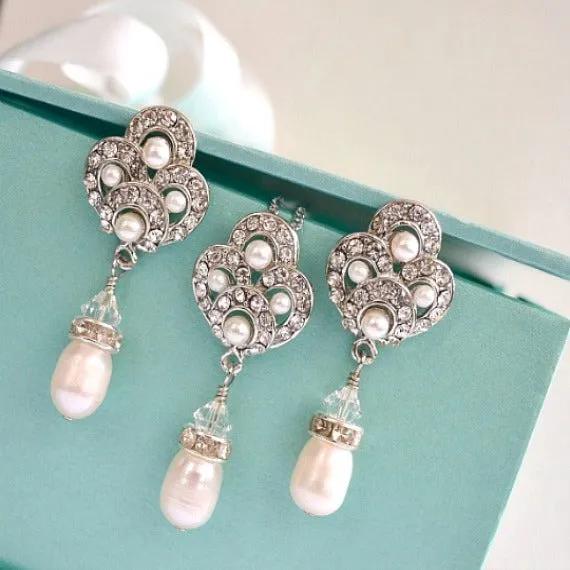 Art Deco Freshwater Pearl Bridal Jewelry Set. Swarovski Clear Crystals Pearl Drop Wedding Jewelry Set. Pearl Earrings And Necklace Bridal Set.