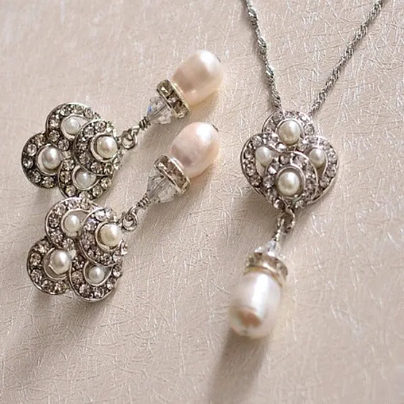Art Deco Freshwater Pearl Bridal Jewelry Set. Swarovski Clear Crystals Pearl Drop Wedding Jewelry Set. Pearl Earrings And Necklace Bridal Set.
