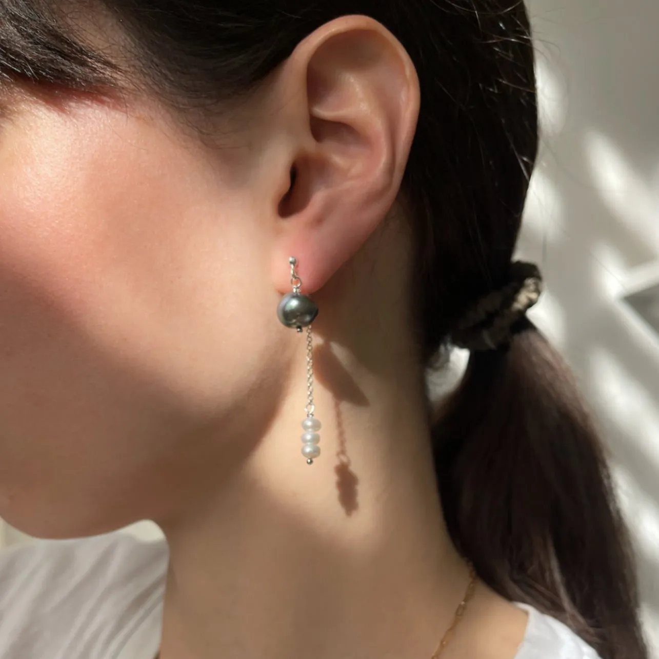 Asymmetric Blue Pearl Stud Earrings