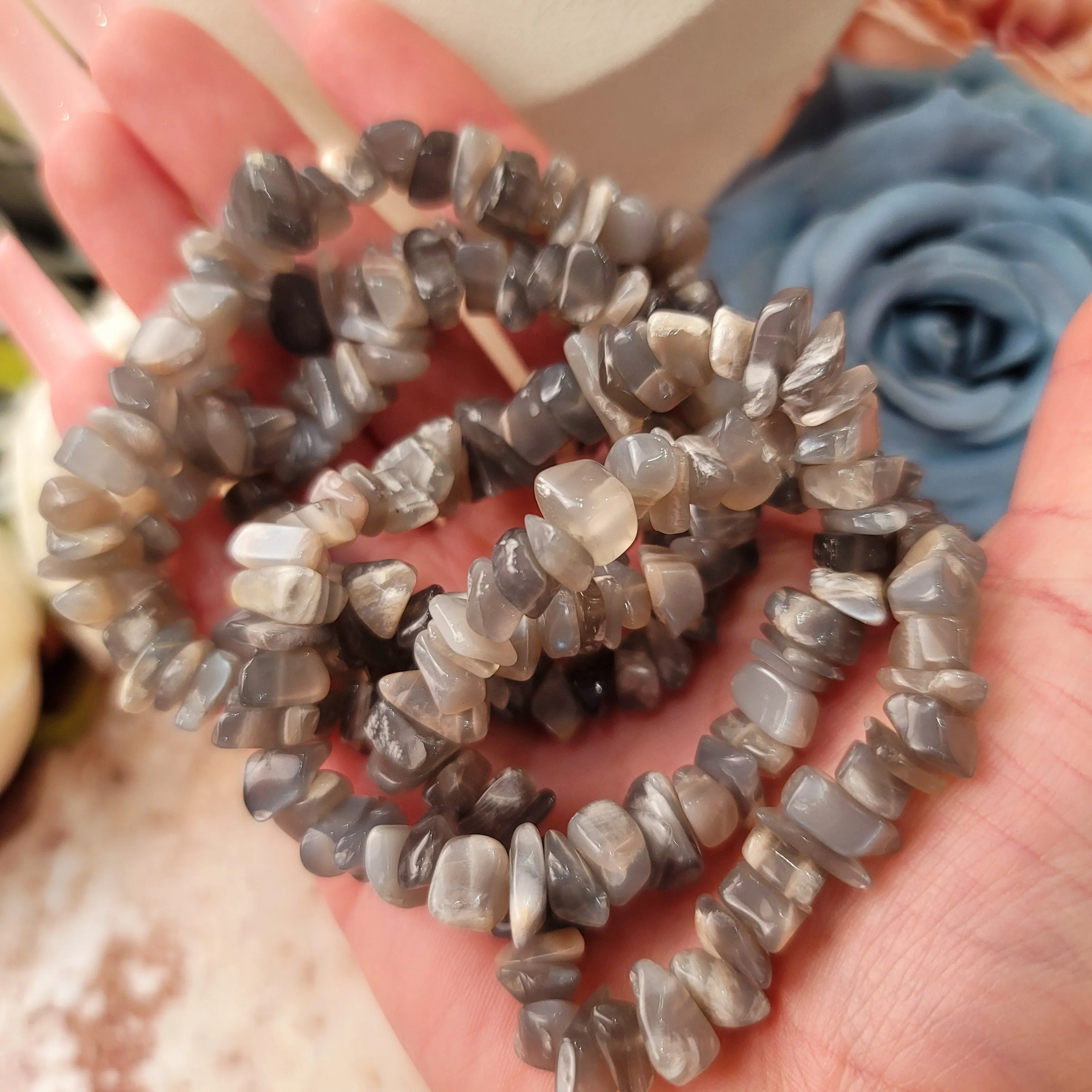 Black Moonstone Chip Bracelet for New Beginnings and Protection
