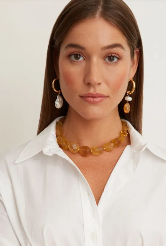 Citrine, White Baroque Pearl Hoop Earrings - Gold