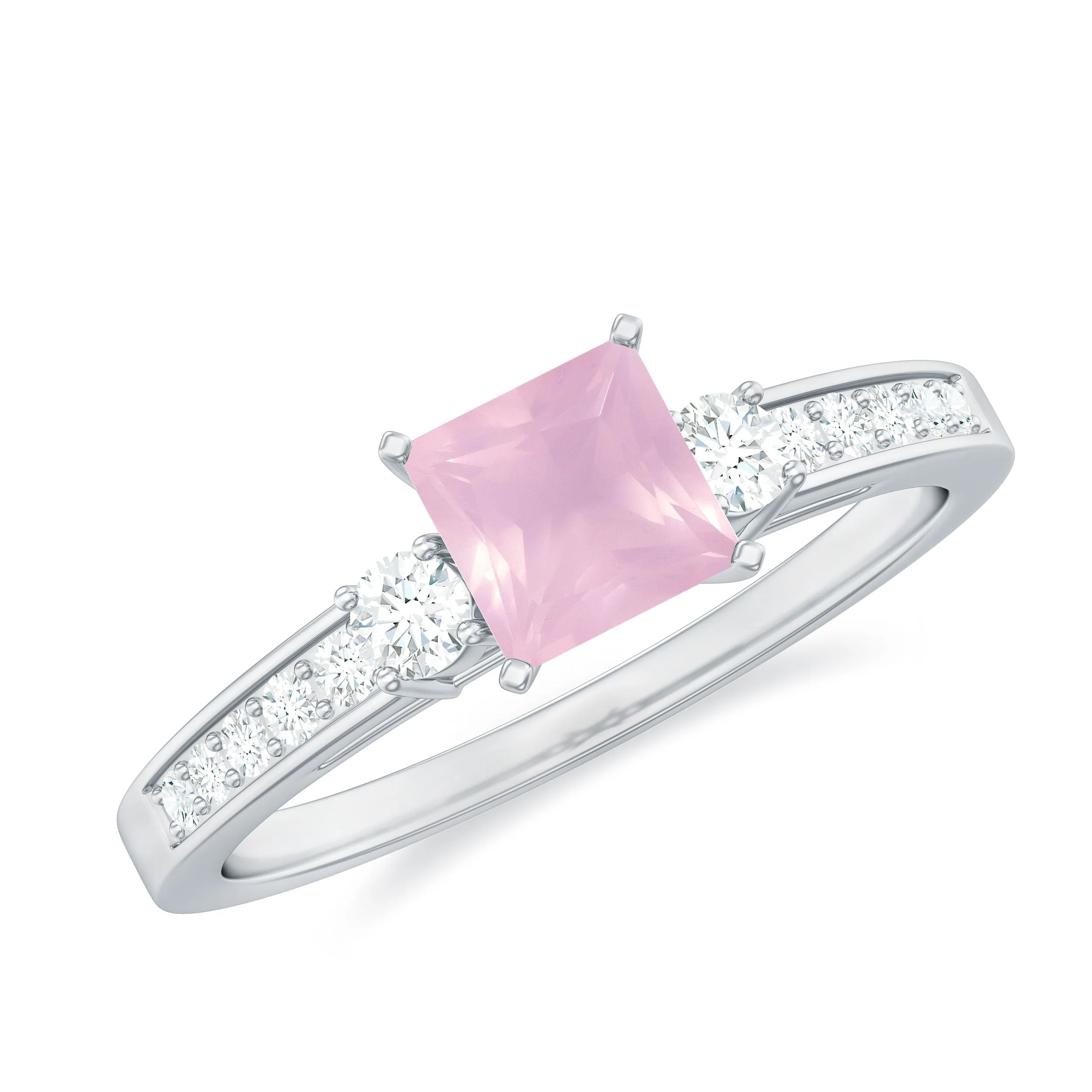 Classic Princess Cut Rose Quartz and Diamond Engagement Ring