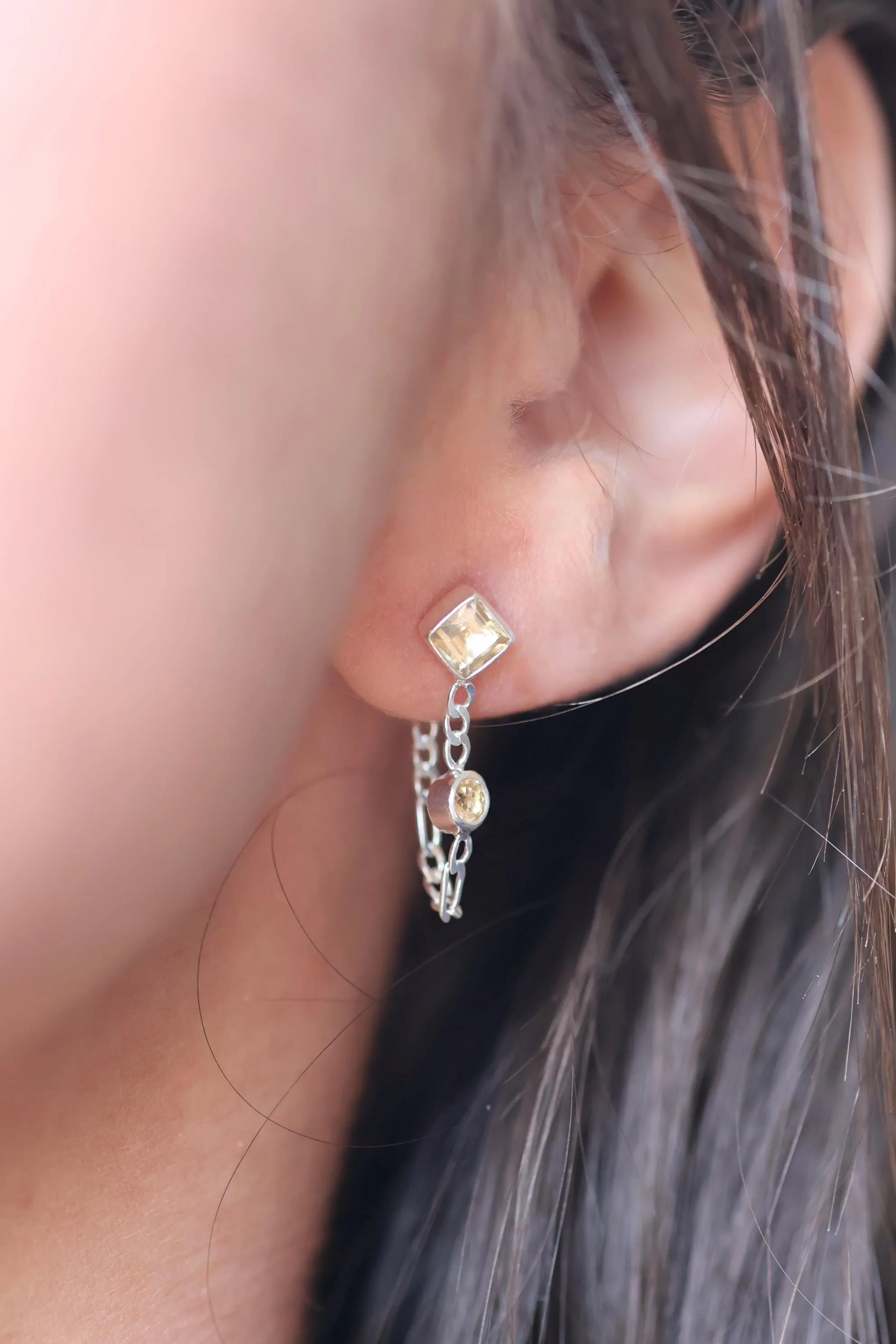 Evie Sterling Silver Citrine Front to Back Square Square Stud Earrings