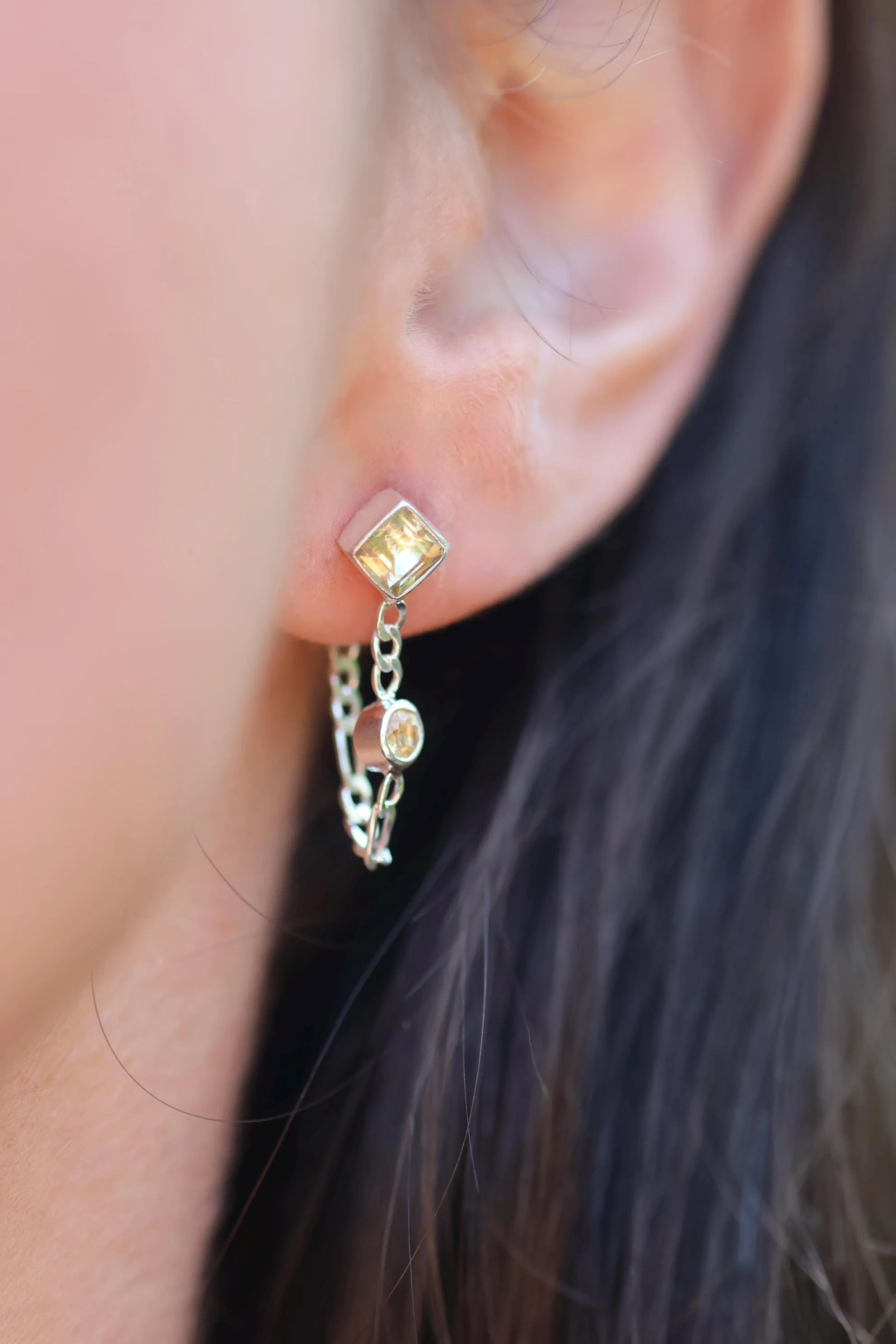 Evie Sterling Silver Citrine Front to Back Square Square Stud Earrings