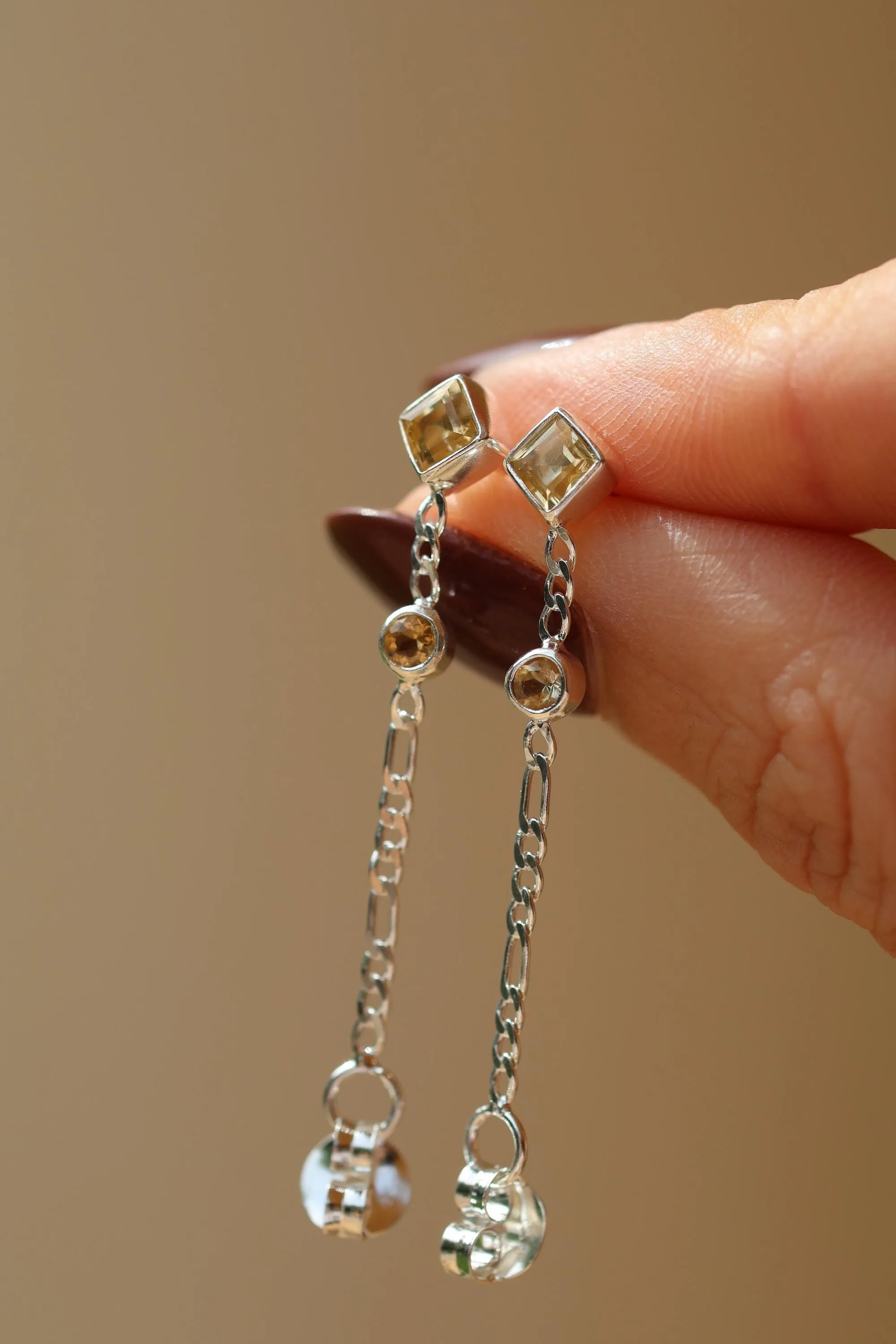 Evie Sterling Silver Citrine Front to Back Square Square Stud Earrings