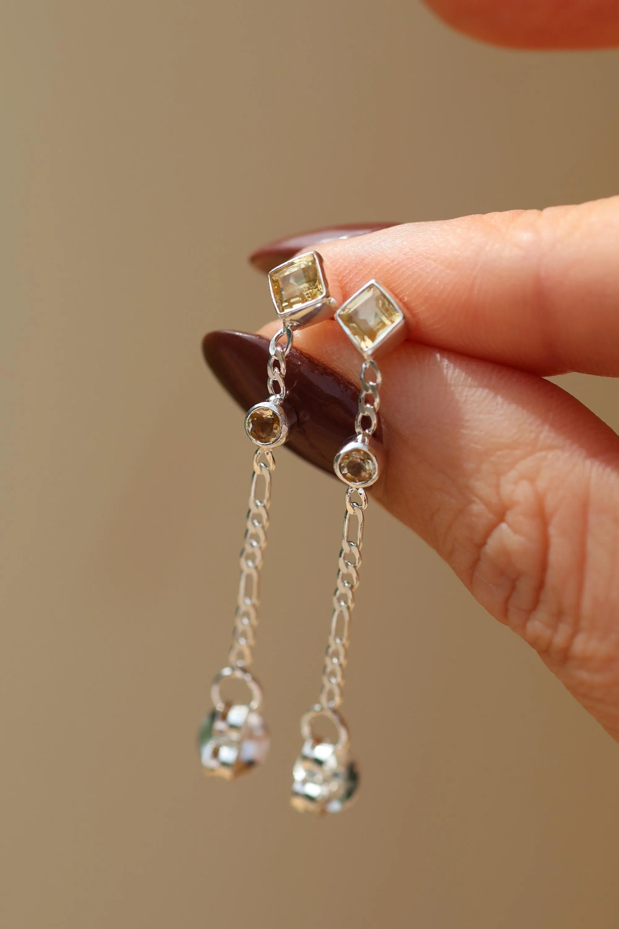 Evie Sterling Silver Citrine Front to Back Square Square Stud Earrings