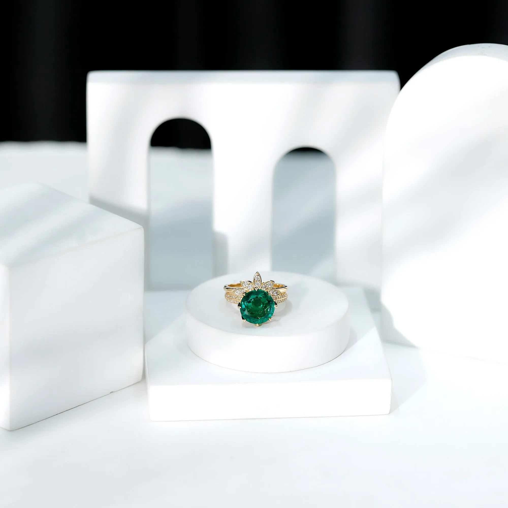Floral Inspired Lab Grown Emerald Bridal Engagement Ring With Moissanite Enhancer