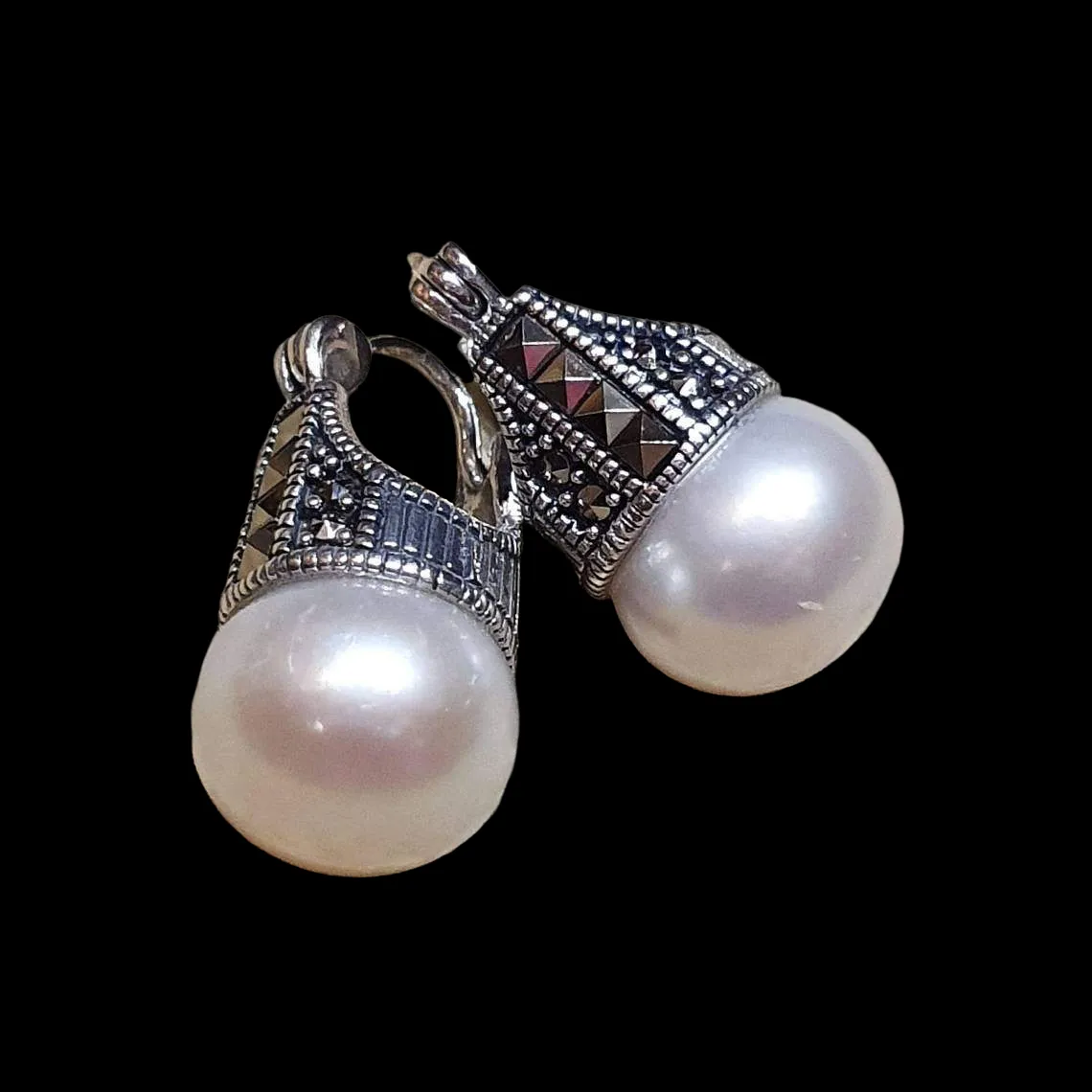 Freshwater Pearl Marcasite Sterling Silver Earrings Pierced