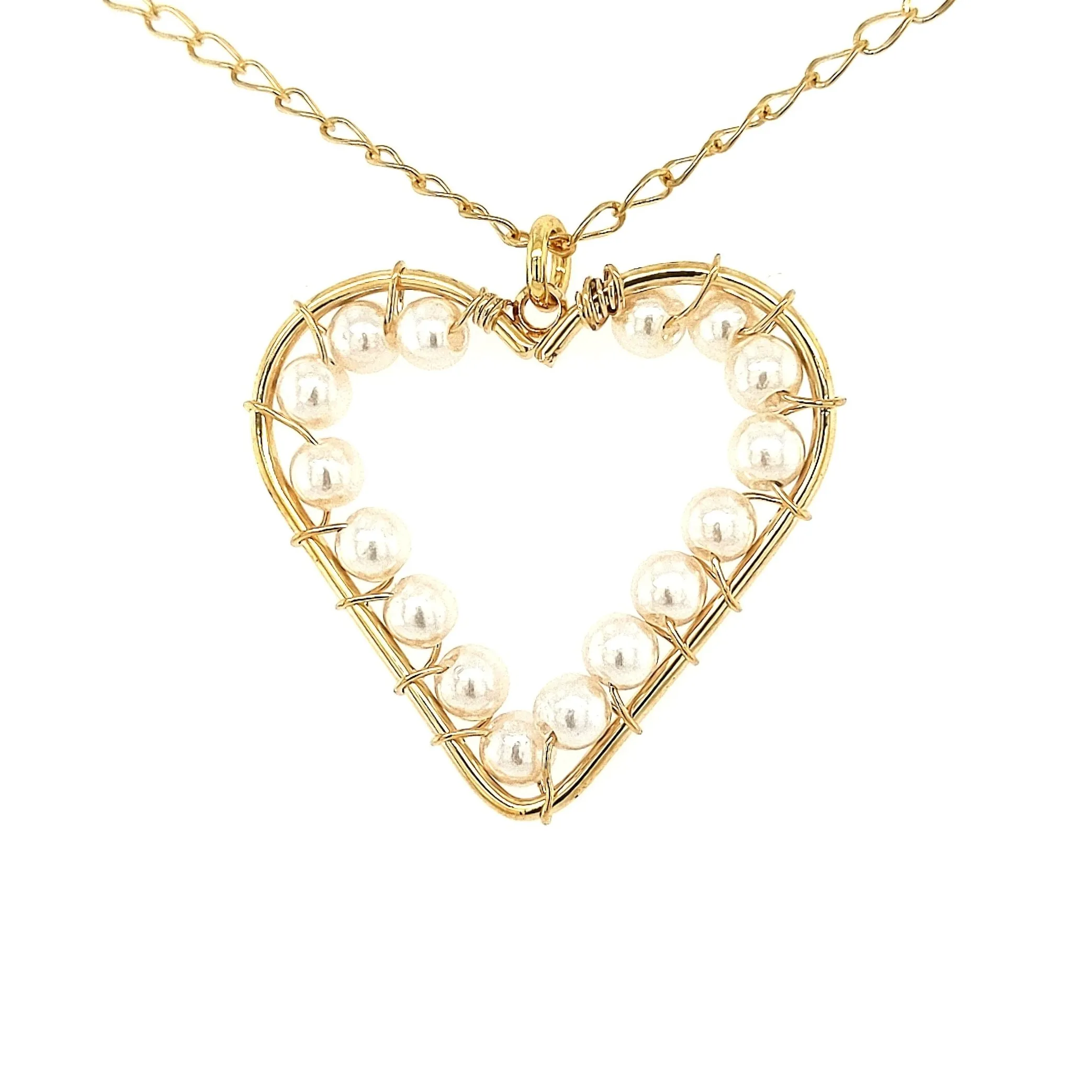 Gold Plated Wired Pearl Large Open Heart Necklace