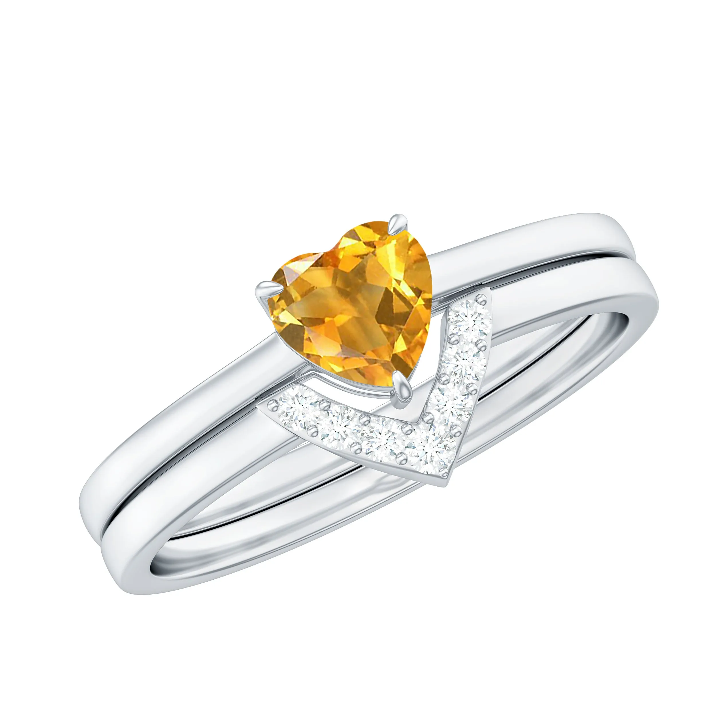 Heart Shape Solitaire Citrine and Diamond Bridal Ring Set