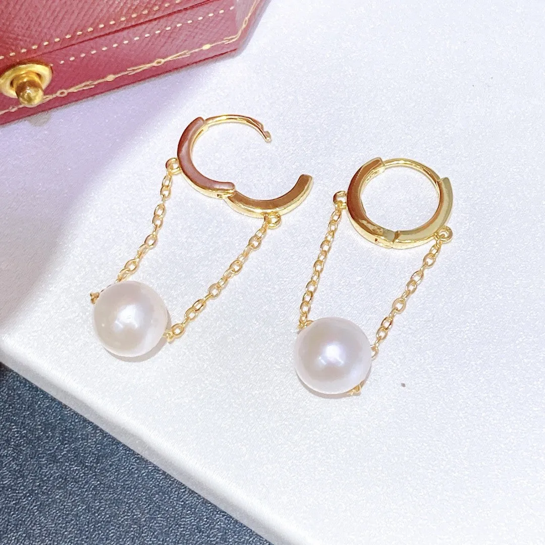 Long chain real pearl earrings buckle