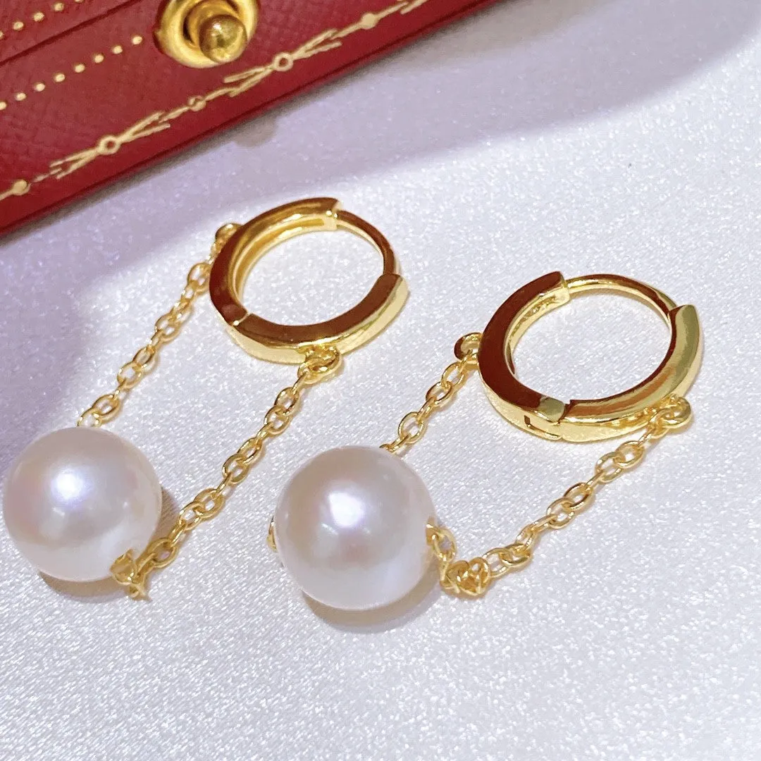Long chain real pearl earrings buckle