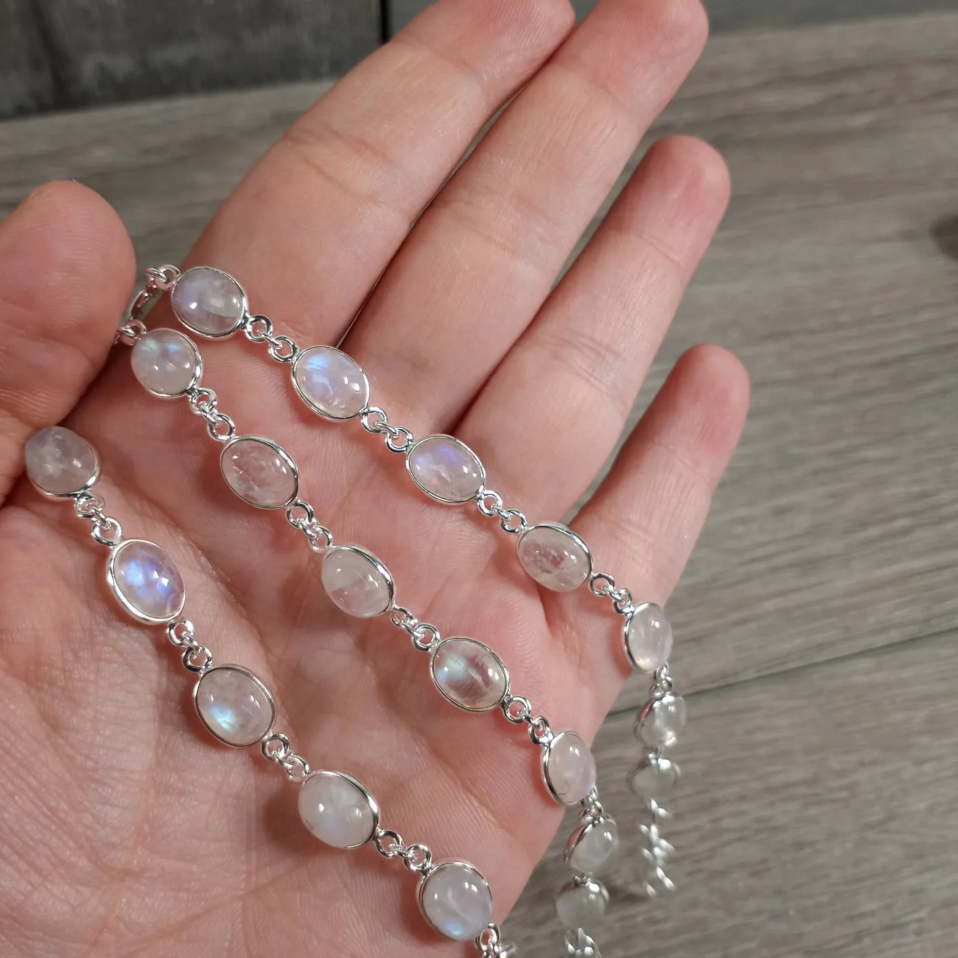 Rainbow Moonstone Gemstone Sterling Silver Adjustable Bracelet