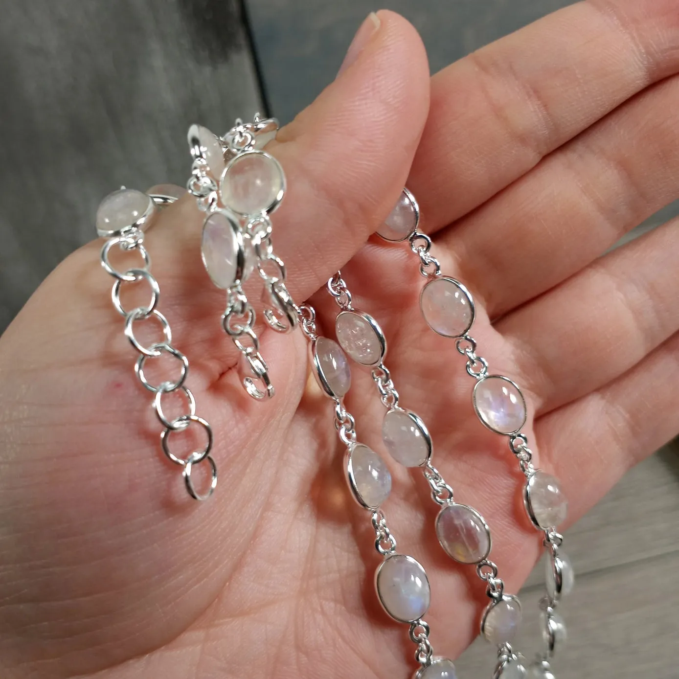 Rainbow Moonstone Gemstone Sterling Silver Adjustable Bracelet