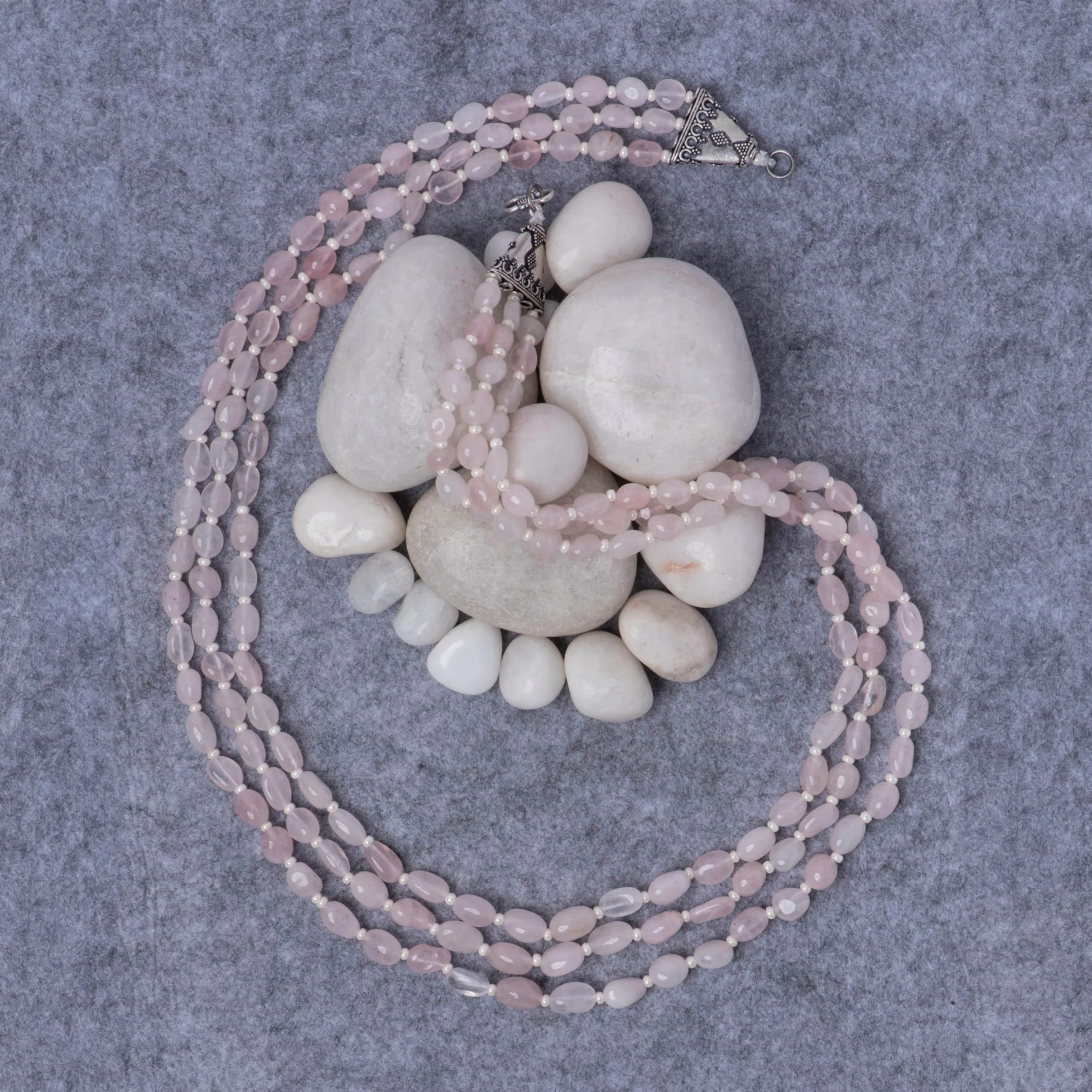 Rose Quartz 3 Line Silver Mala