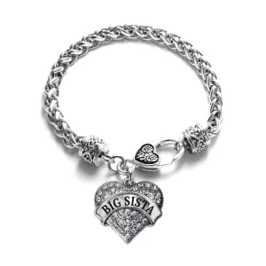 Silver Big Sista Pave Heart Charm Braided Bracelet