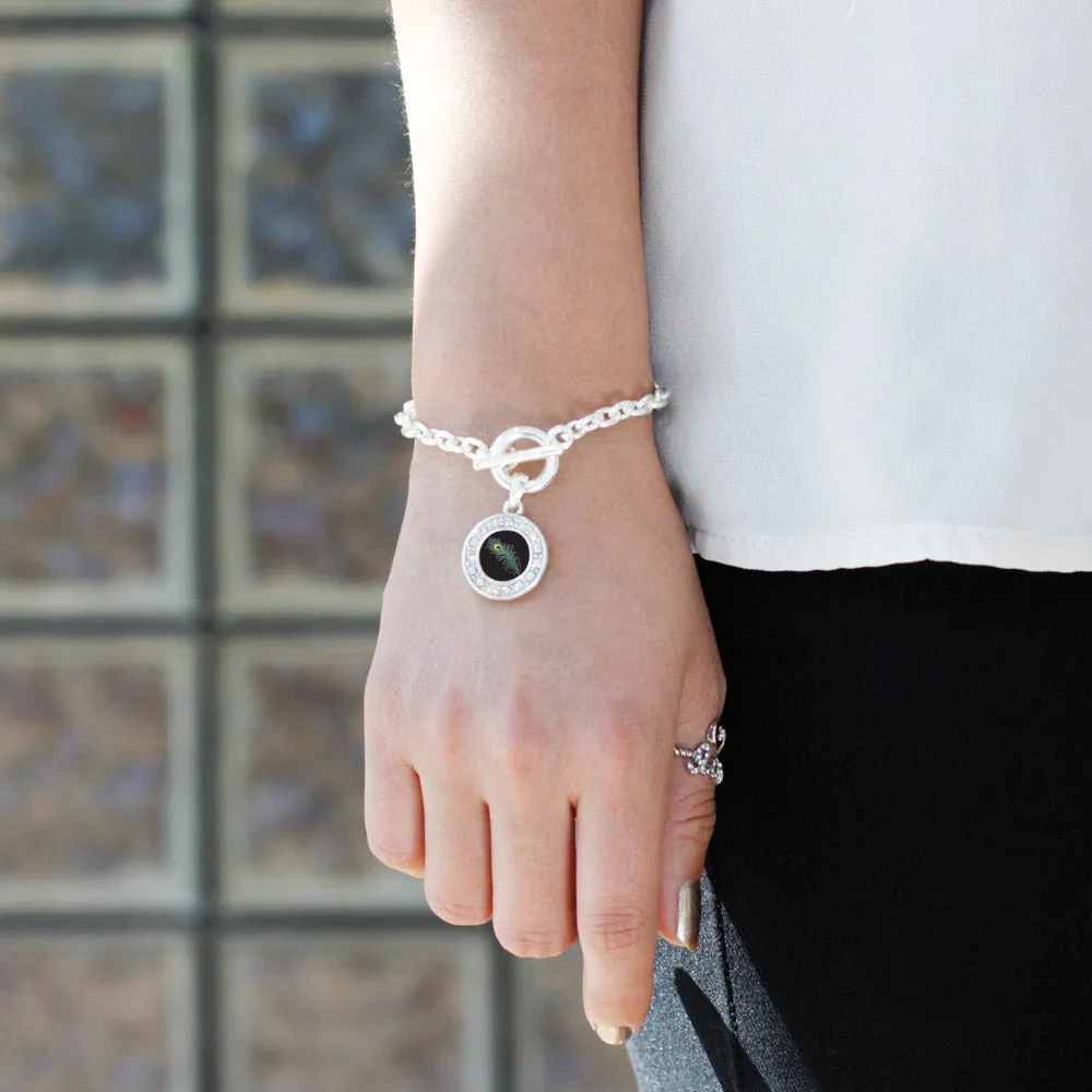 Silver Peacock Feather Circle Charm Toggle Bracelet