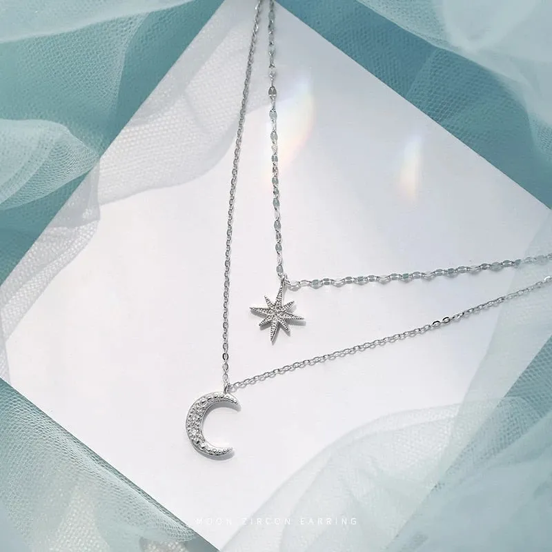 Silver Star Moon Double Necklace Women Clavicle Chain