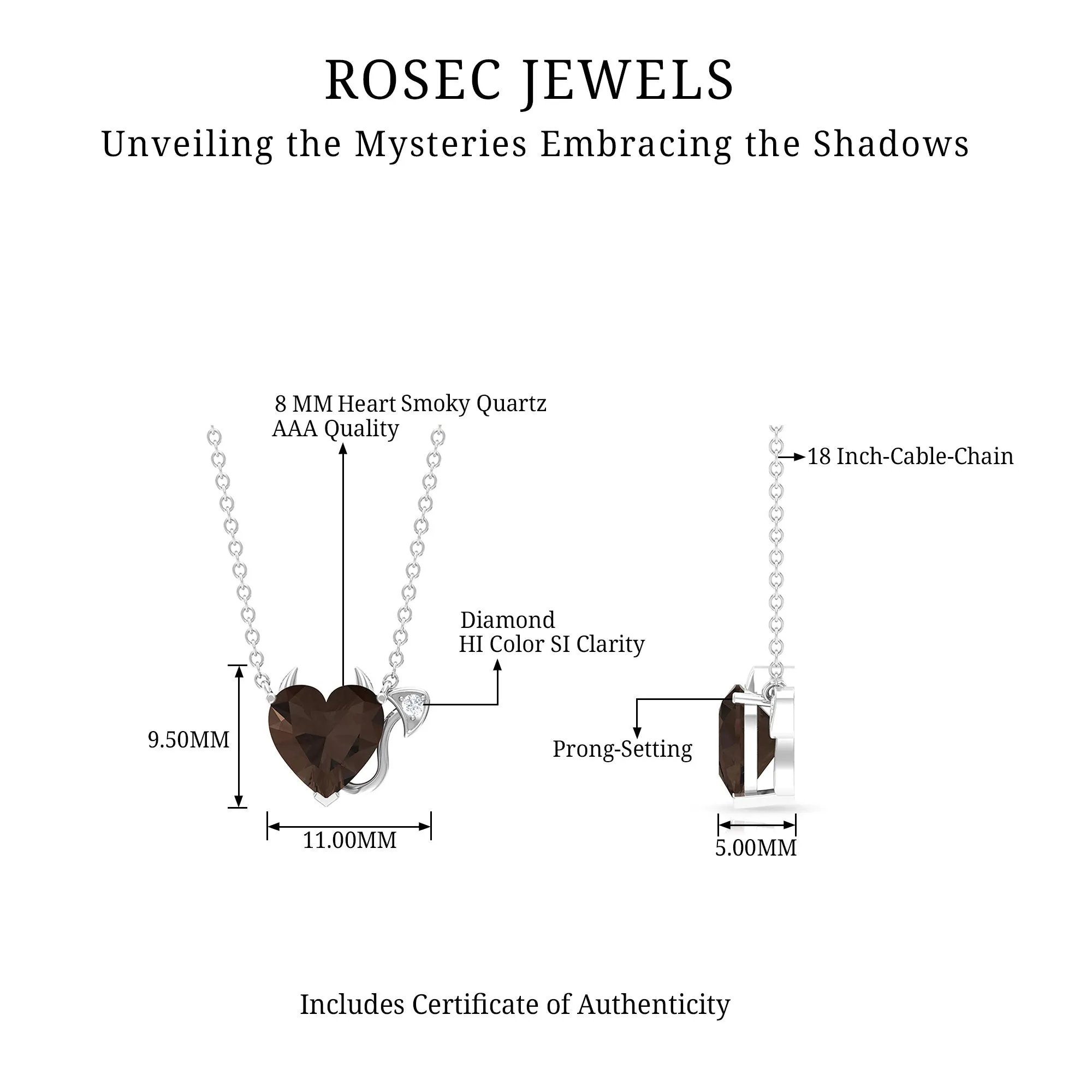Smoky Quartz Devil Heart Pendant Necklace with Diamond