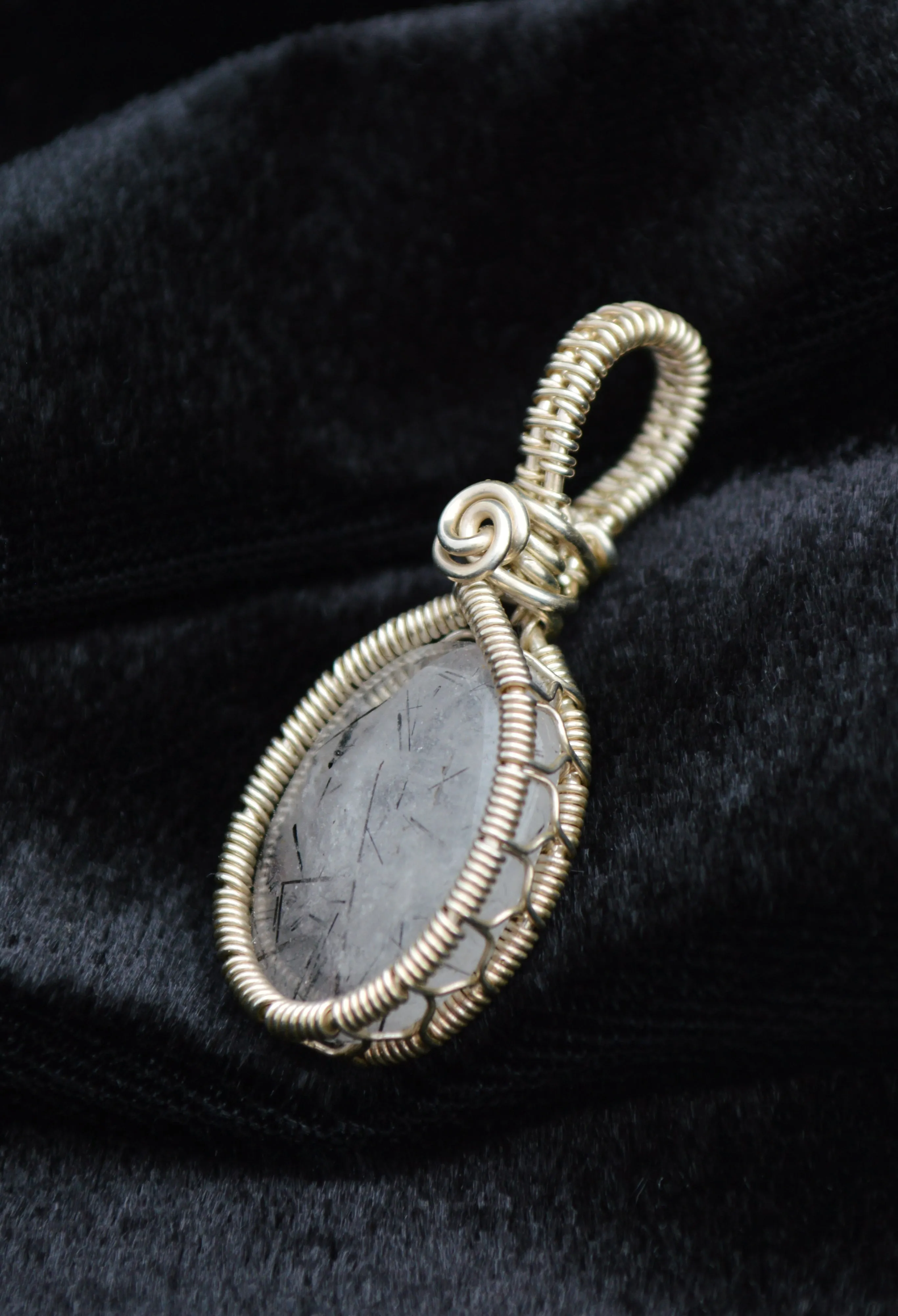 Sterling Silver Wire Wrapped Black Rutilated Quartz Pendant, Small Oval Rutilated Quartz Necklace
