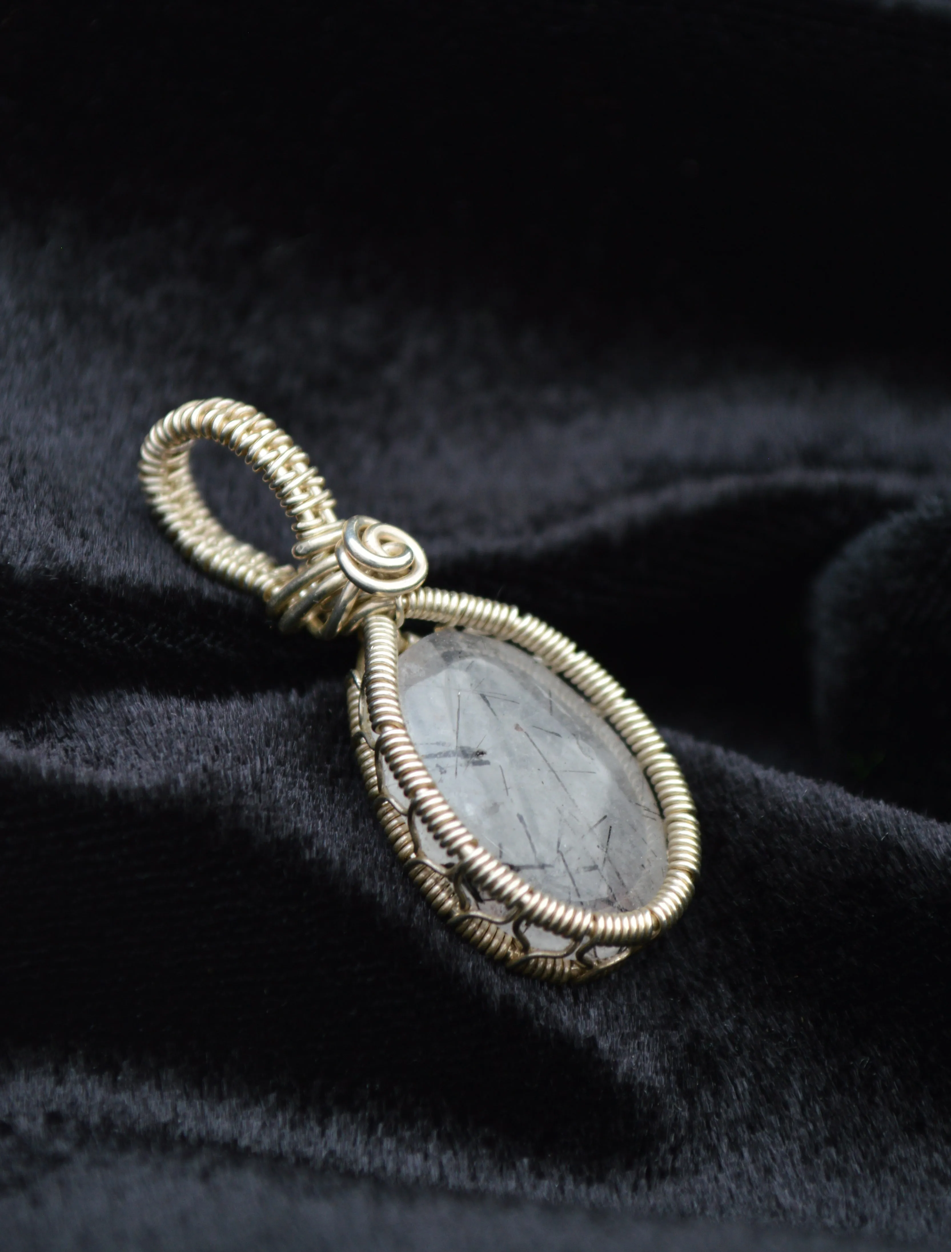Sterling Silver Wire Wrapped Black Rutilated Quartz Pendant, Small Oval Rutilated Quartz Necklace