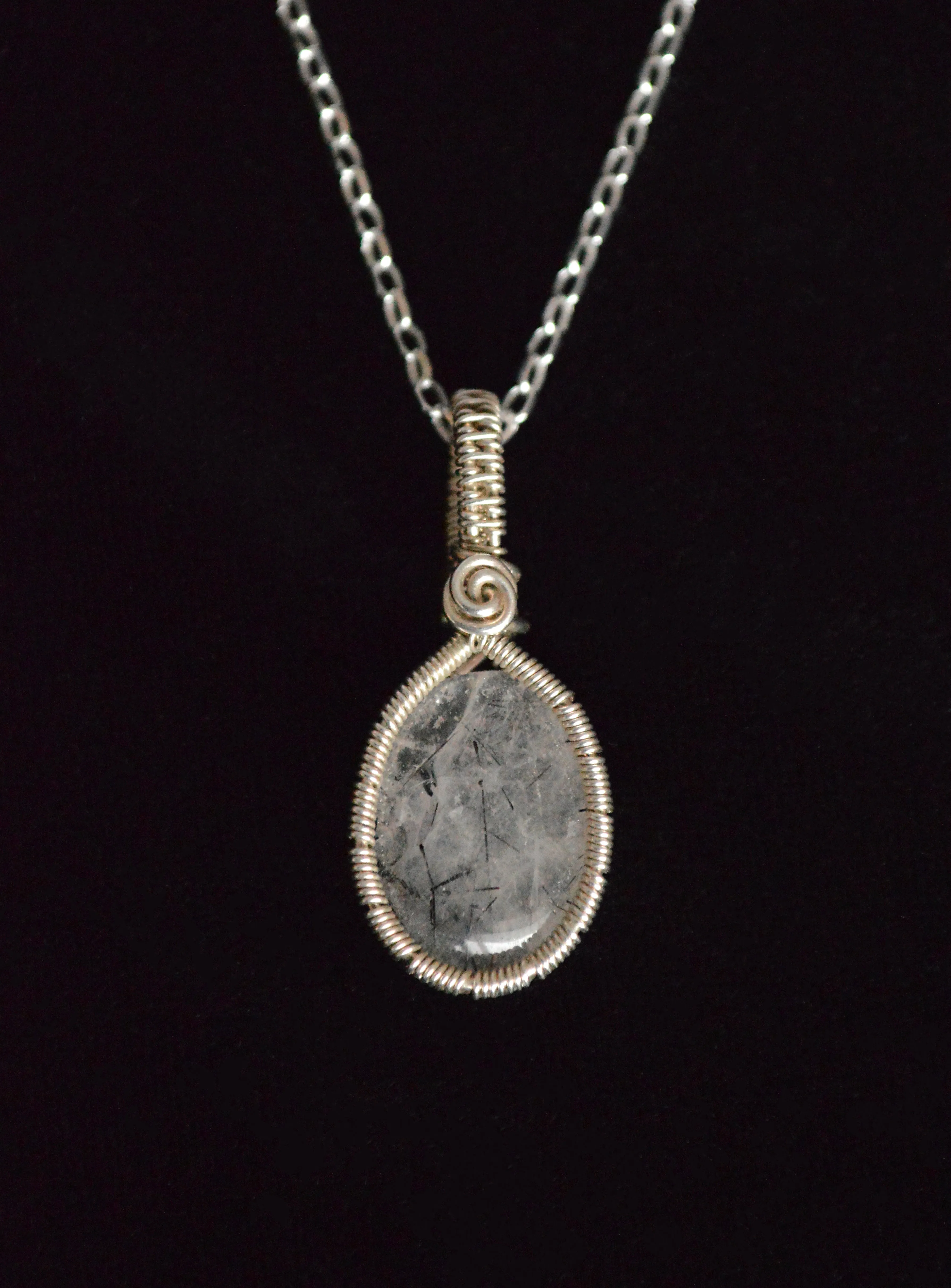 Sterling Silver Wire Wrapped Black Rutilated Quartz Pendant, Small Oval Rutilated Quartz Necklace