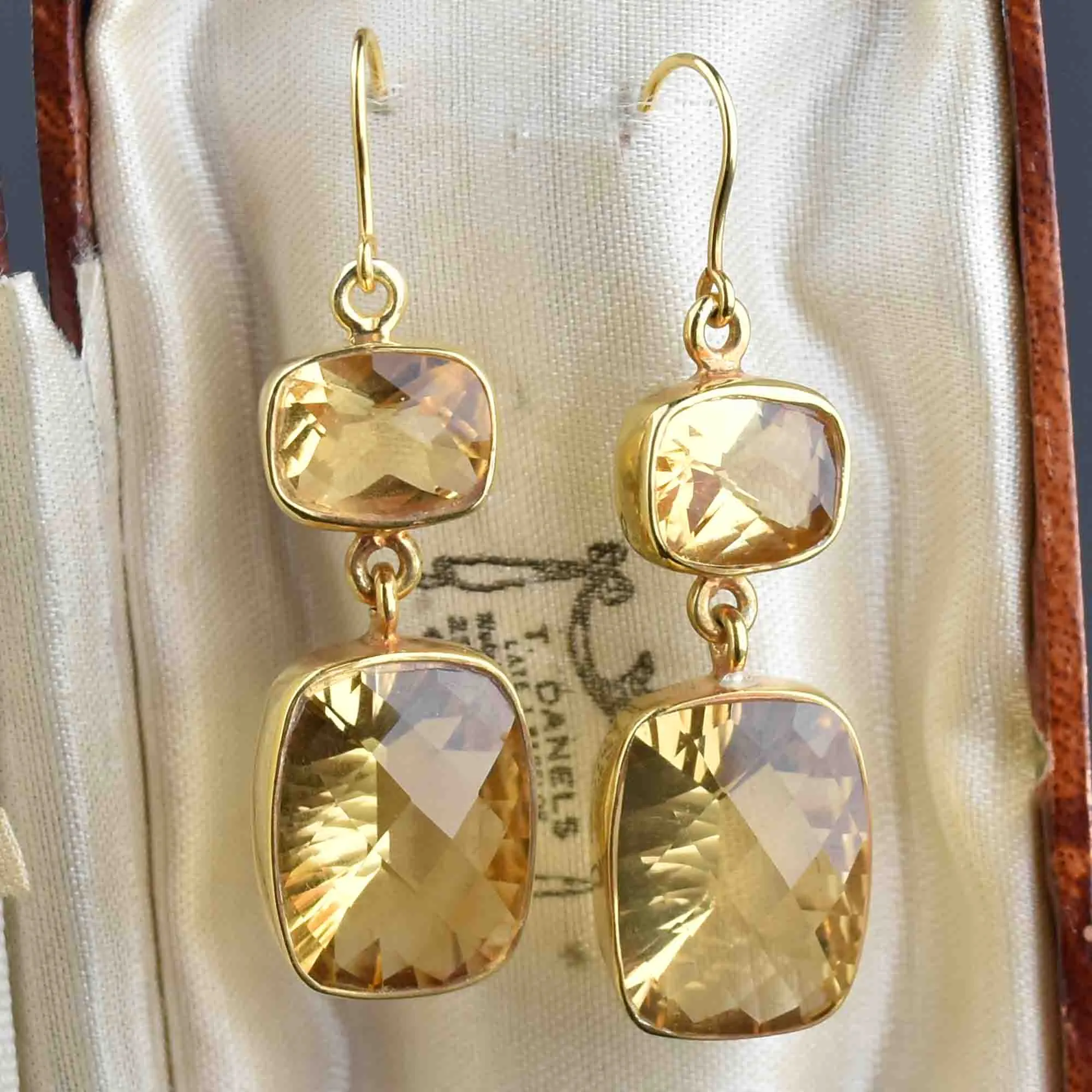 Vintage Art Deco Style Gold Citrine Drop Earrings